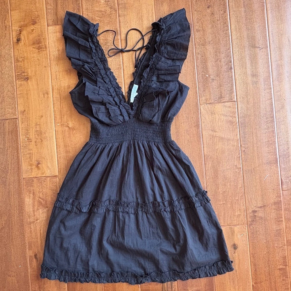 House of Harlow 1960 Mini Dress Ruffle Smocked, Women XS Black - Picture 3 of 8